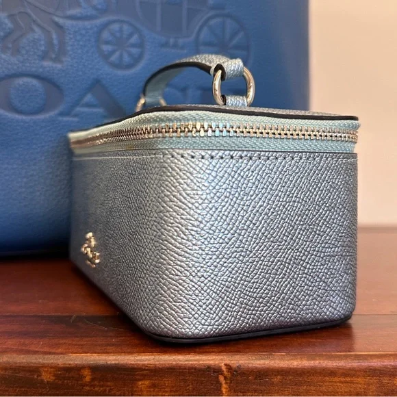 Coach Vanity Case Handled Zip Jewelry Travel Box Blue Metallic - Picture 9 of 14